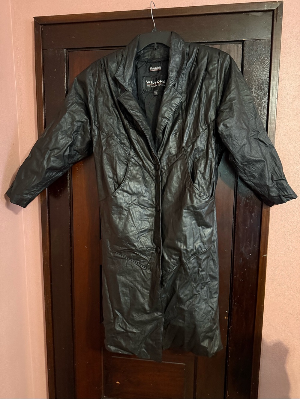 Wilsons Leather Black Long Women's Leather Trench Coat Thinsulate Vintage
